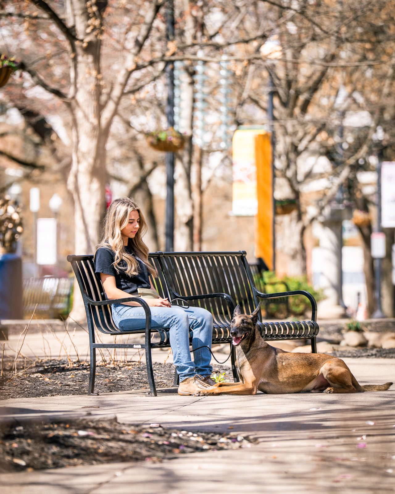 A woman seated on a bench while a Belgian Malinois lies down at her feet on a tree-lined plaza